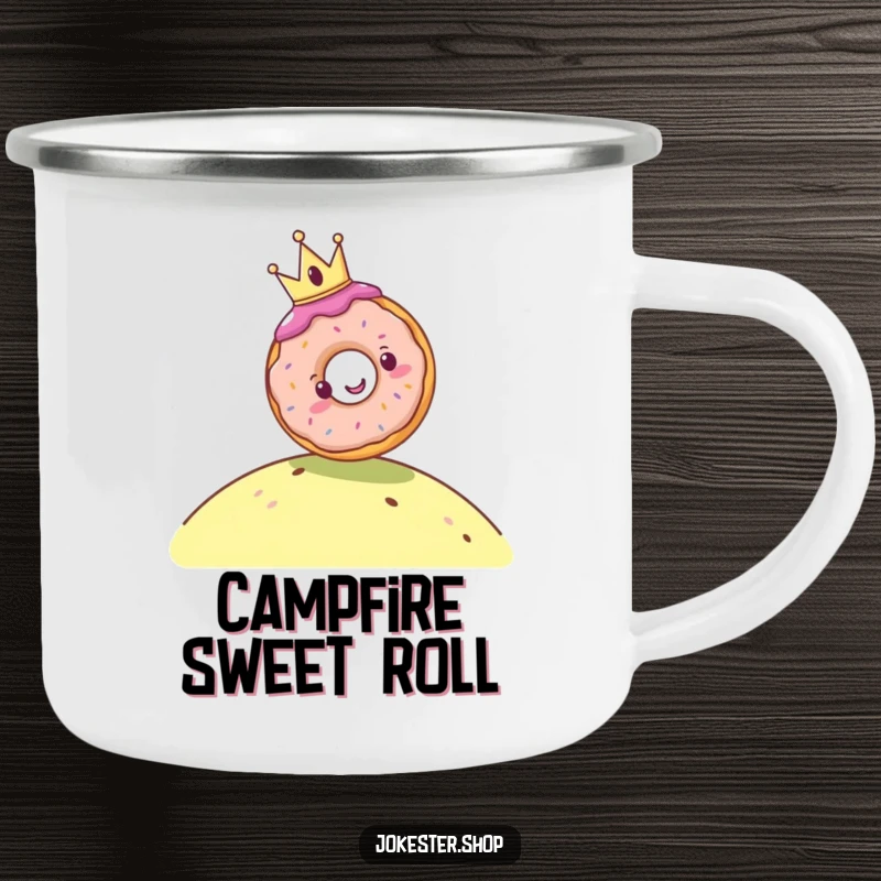 Funny camping mug showing a cheerful donut wearing a tiny crown rolling down a hill, ideal for outdoor enthusiasts who enjoy a sweet laugh.