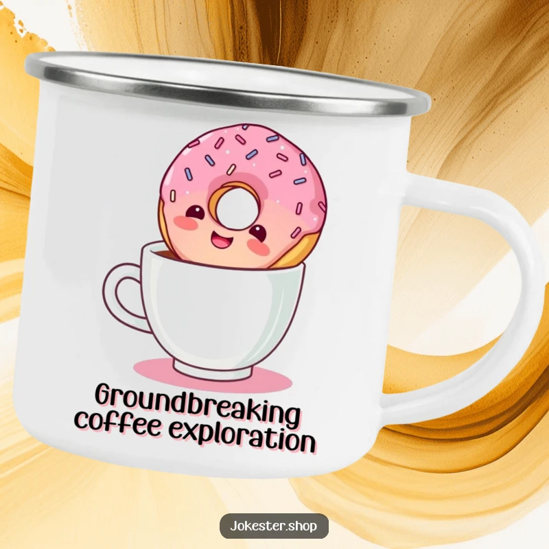 Funny camping mug with a giggling donut with sprinkles floating upside down in a coffee mug.