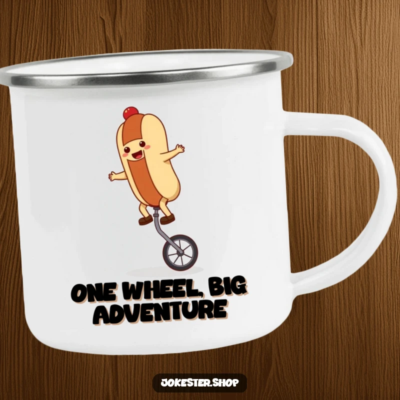 Durable funny hot dog character balancing on a unicycle, printed on a camping mug, ready for outdoor fun.