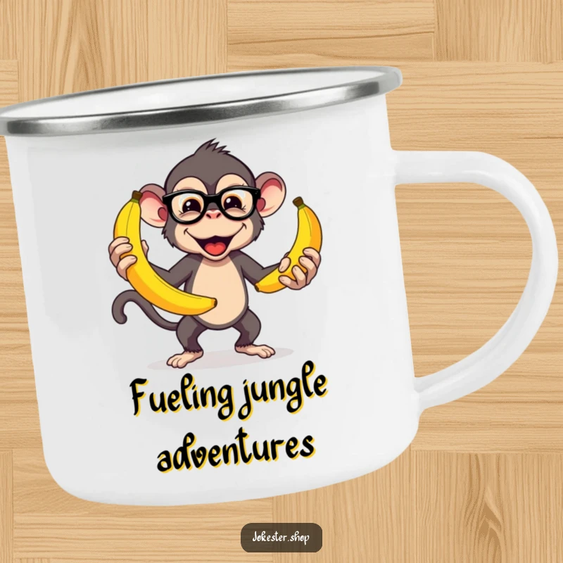 Funny camping mug with a mischievous monkey in glasses, juggling numerous large bananas, perfect for outdoor humor.