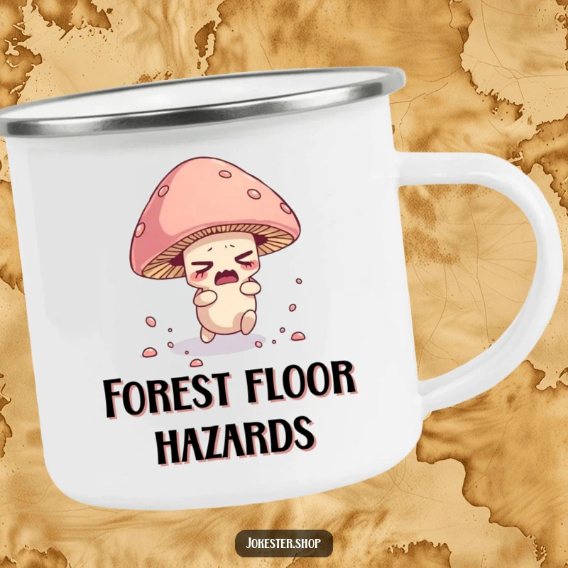 Funny enamel camping mug with a nervous mushroom character tripping over its cap, scattering spores.