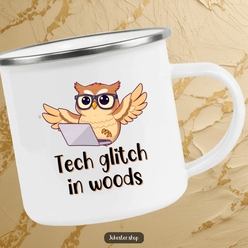 Funny owl camping mug depicting a confused owl with glasses trying to fly with a laptop, ideal for outdoor use.