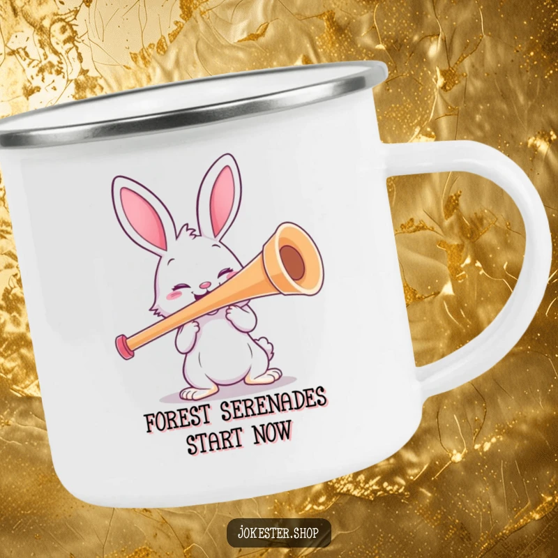 Funny rabbit character playing a giant kazoo under the stars, perfect for camping trips. A sturdy and funny enamel mug.