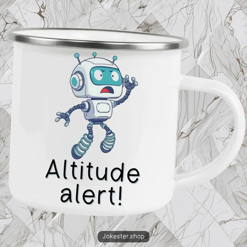 Funny camping mug with a surprised robot on spring legs accidentally launching upwards, perfect for outdoor tech humor.