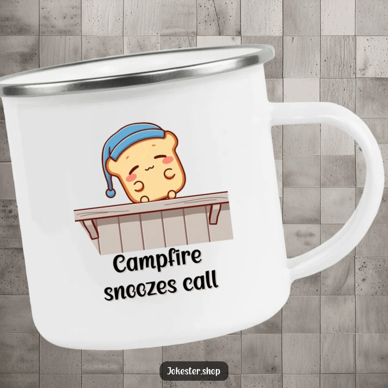 Funny sleepy bread loaf wearing a nightcap, falling off a shelf, a durable camping mug featuring a comical sleeping character, ideal funny gift.