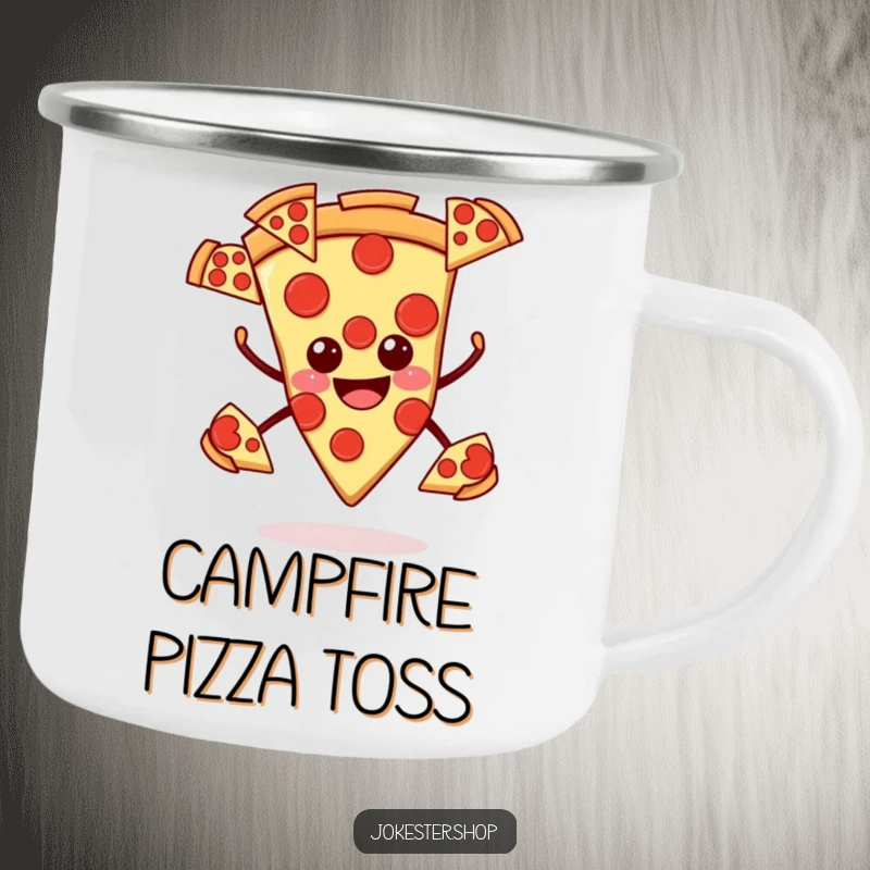Funny pizza camping mug, smiling slice juggling pepperoni slices, perfect for outdoor feasts with a humorous touch.