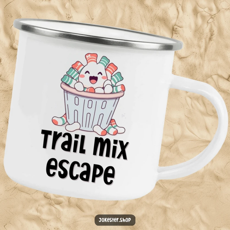 Funny camping mug showing socks escaping a laundry basket, perfect for outdoor enthusiasts who appreciate humor and a good laugh.