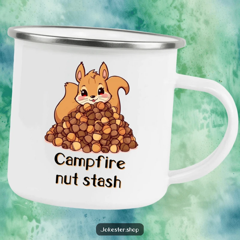Funny Camping Mug: Durable cup with a mischievous squirrel hoarding acorns, ideal for outdoor enthusiasts.