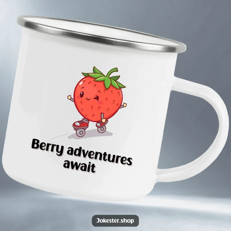 Funny plump strawberry in roller skates, wobbling downhill, on a durable camping mug.