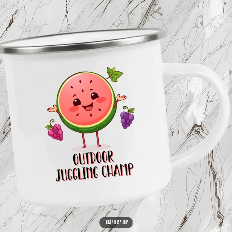 Funny enamel camping mug featuring a happy watermelon slice juggling three tiny grapes, perfect attire for outdoor adventures.