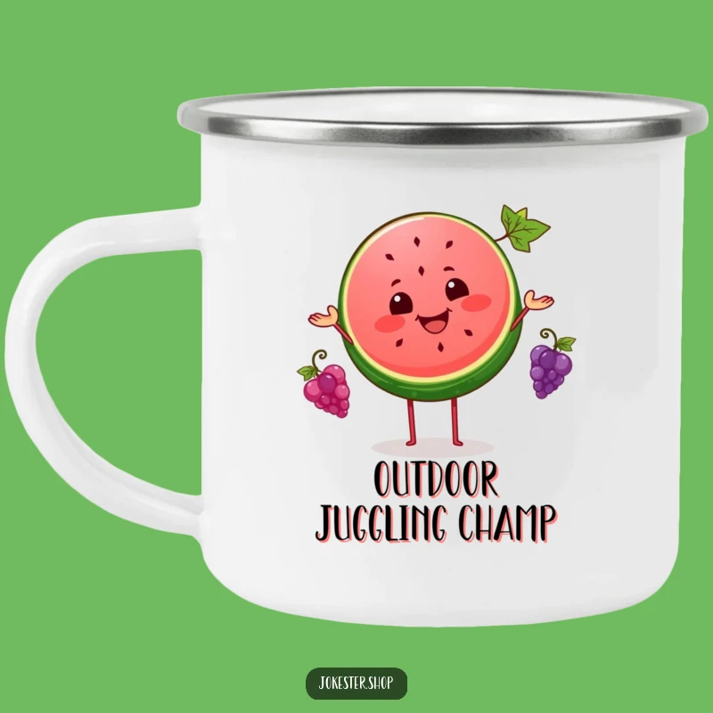 Funny Watermelon Juggling Grapes Camping Mug - Durable and Humorous Outdoor Drinkware