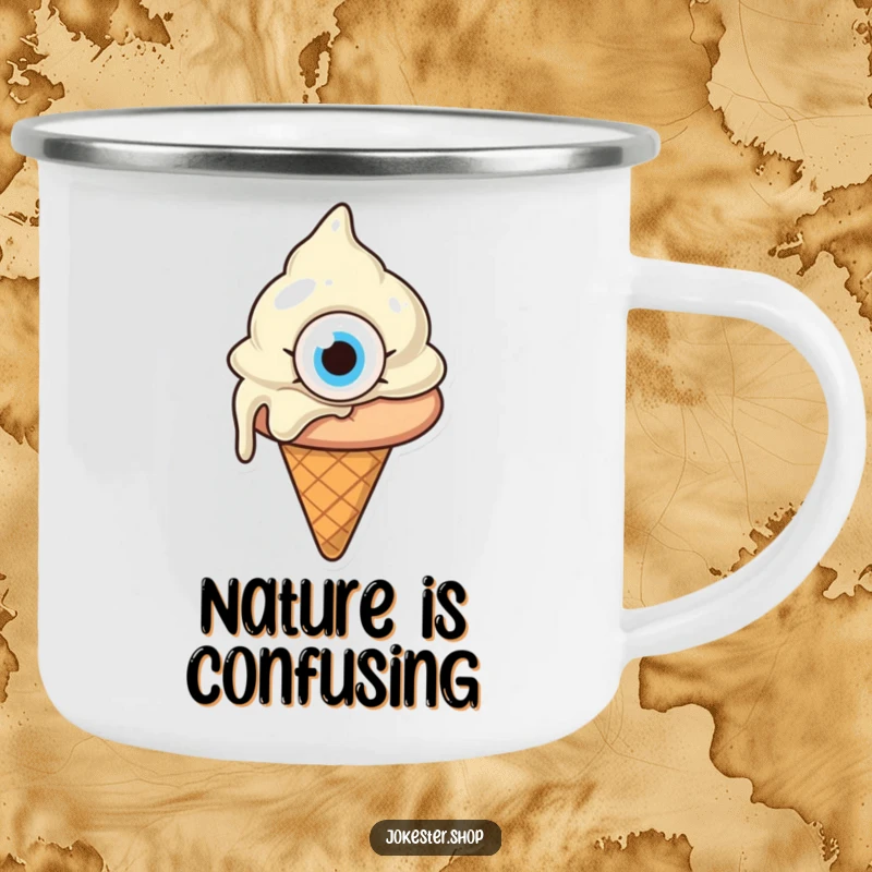 Funny melting ice cream cone with one giant eye, looking confused, a durable camping mug with a quirky cartoon character, ideal funny gift.