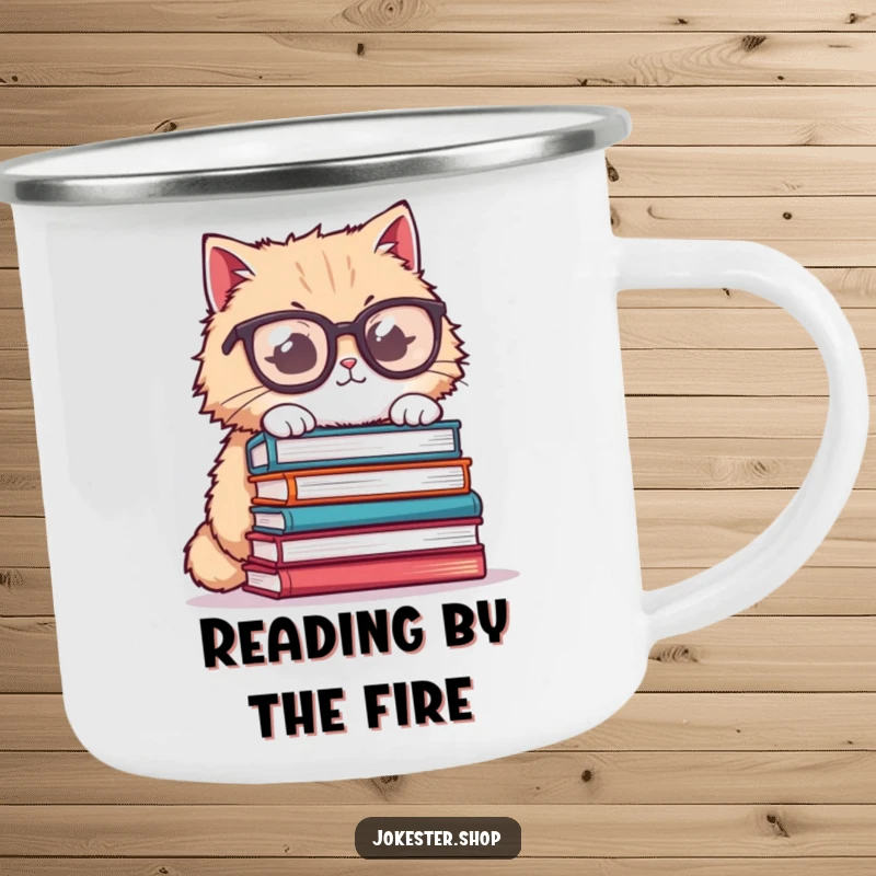 Funny cat camping mug, fluffy cat wearing oversized glasses, trying to balance books, perfect for outdoor reading sessions.