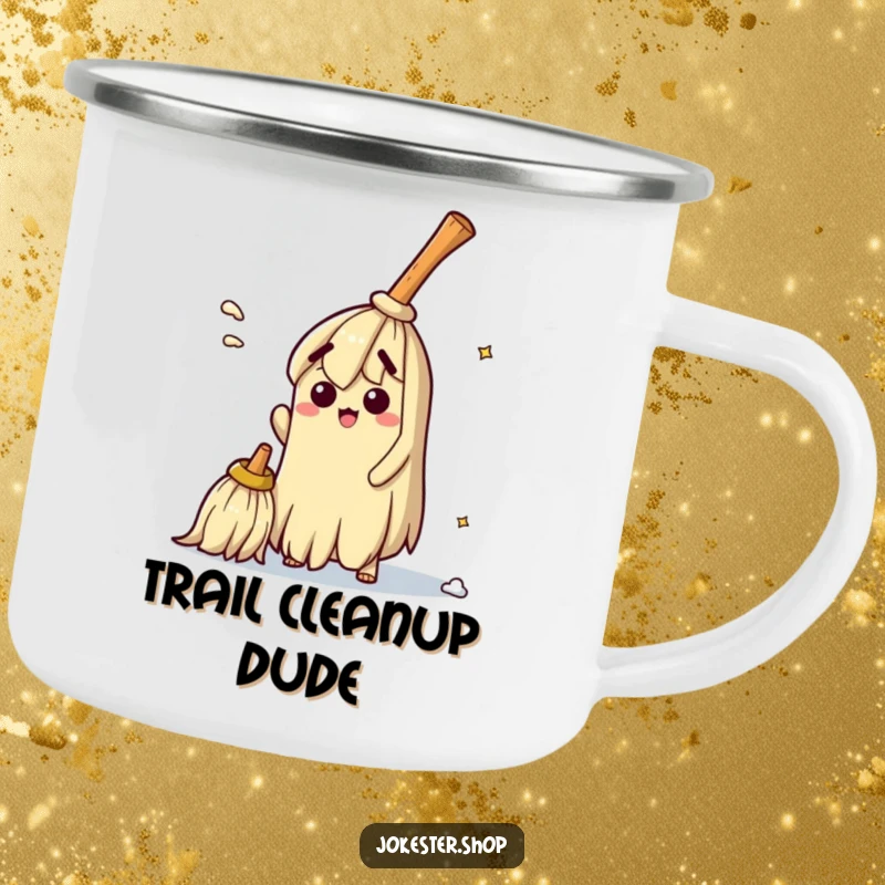 Funny camping mug showing a bewildered broom hilariously trying to sweep itself clean, ideal for outdoor enthusiasts who enjoy a good laugh.