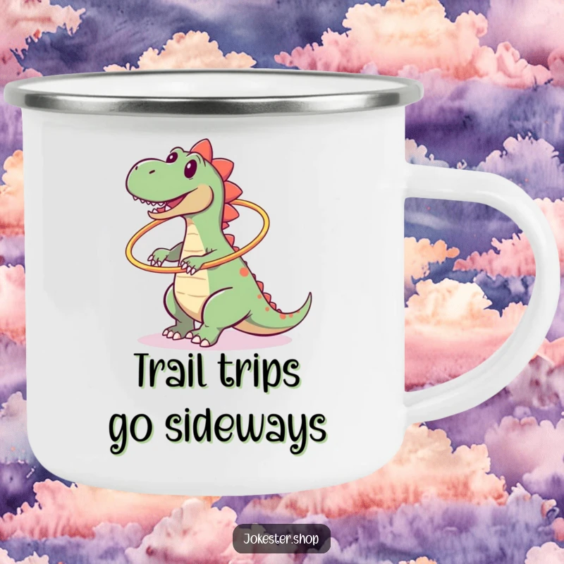 Funny camping mug with a clumsy dinosaur hilariously failing at hula hooping, ready for outdoor adventures.