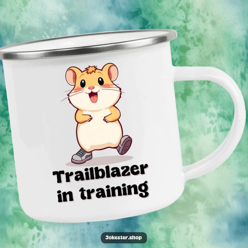 Funny hamster in tiny running shoes, comically sprinting in place, on a durable camping mug for rugged, humorous enjoyment.