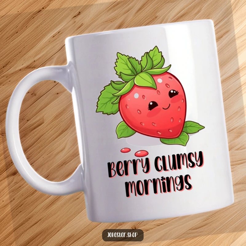 Funny Mug featuring a blushing strawberry hilariously tripping over its own green leaves, looking adorably embarrassed.
