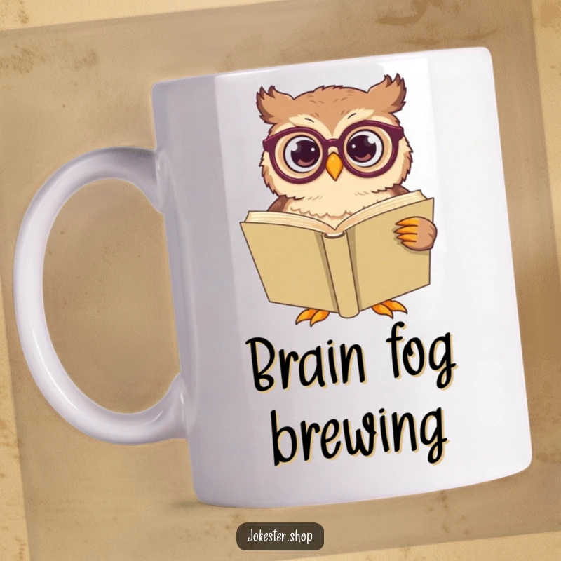 Funny owl character wearing large spectacles, looking confused while trying to read a giant book on this mug.
