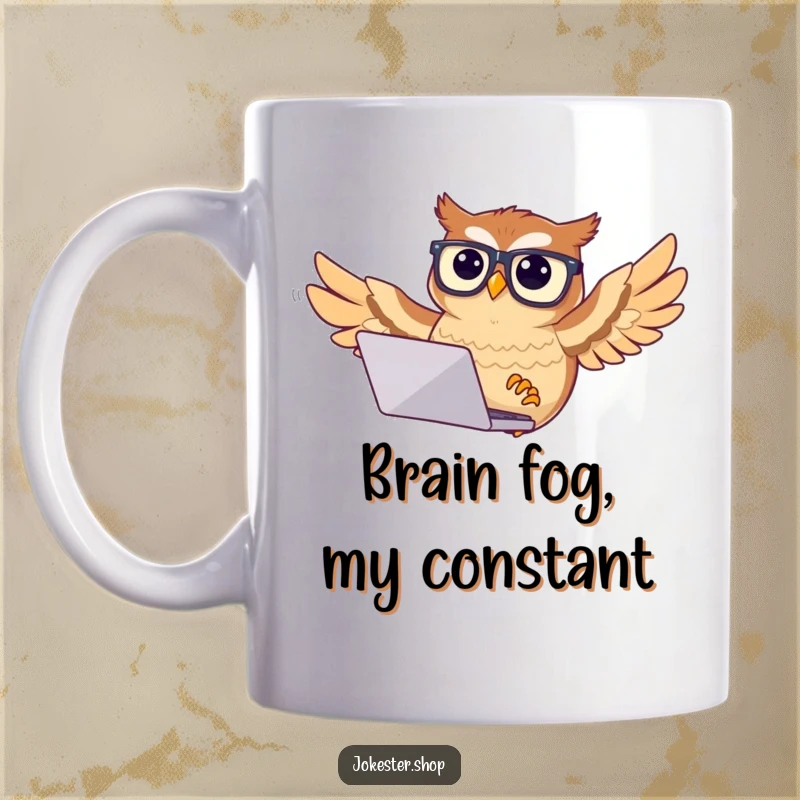 Funny confused owl mug featuring an owl wearing glasses, looking bewildered while trying to fly with a laptop, symbolizing tech struggles.