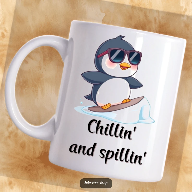 Funny mug shows a penguin in sunglasses attempting to surf on a mini ice floe, looking effortlessly cool.