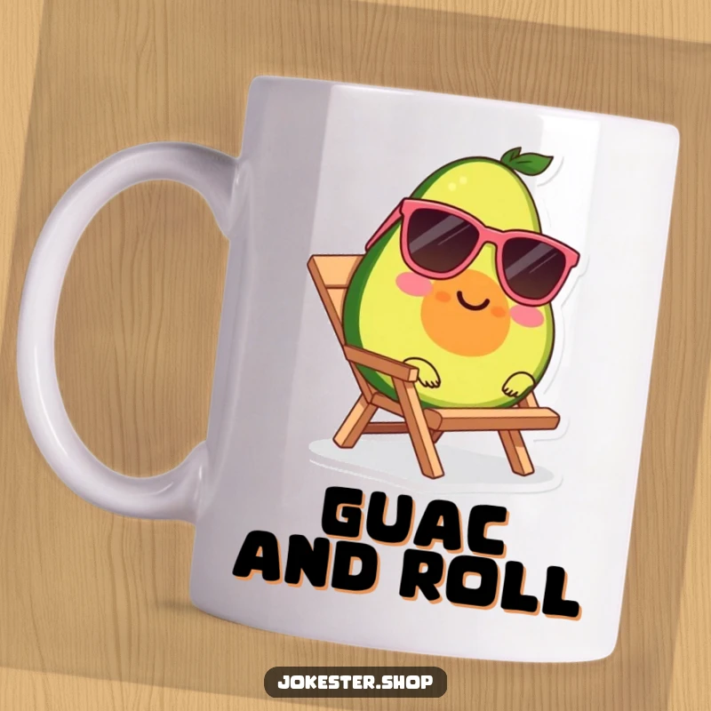 Funny mug with a smiling avocado character wearing sunglasses, lounging coolly on a tiny beach chair.
