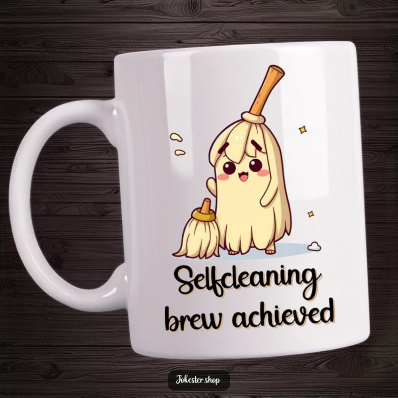 Funny mug showing a bewildered broom attempting to sweep itself clean, embodying the comical struggle of tidying up and relatable household humor.