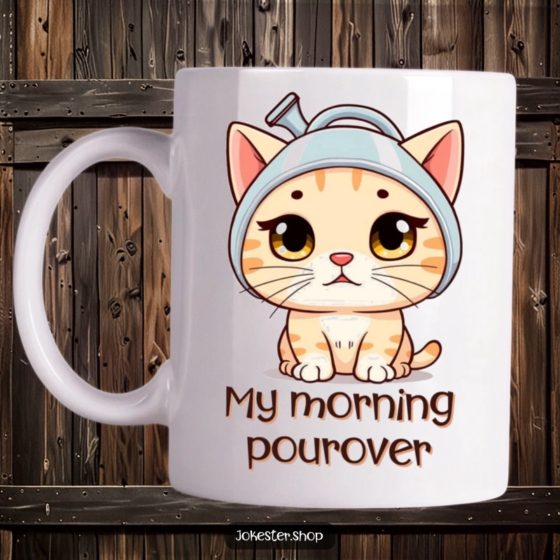 Funny cat mug with a bewildered cat wearing a watering can as a helmet, eyes wide with surprise, a comical situation.