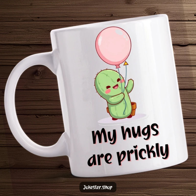 Funny cactus mug character attempting a comical, prickly hug around a floating balloon, showcasing a relatable struggle with humor.