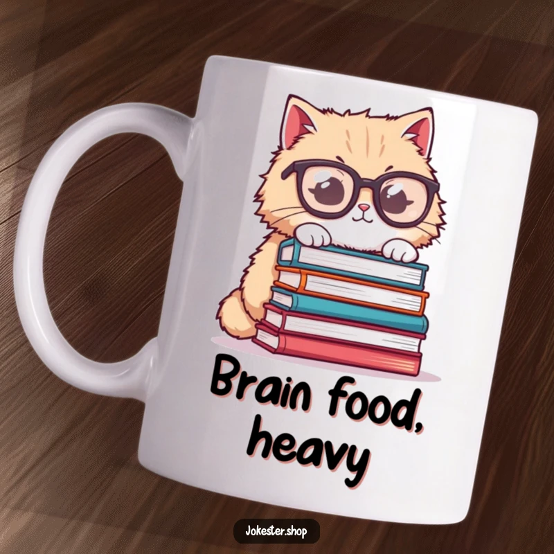 Funny cat mug, fluffy cat wearing oversized glasses struggling to balance books, a humorous and relatable design for readers.