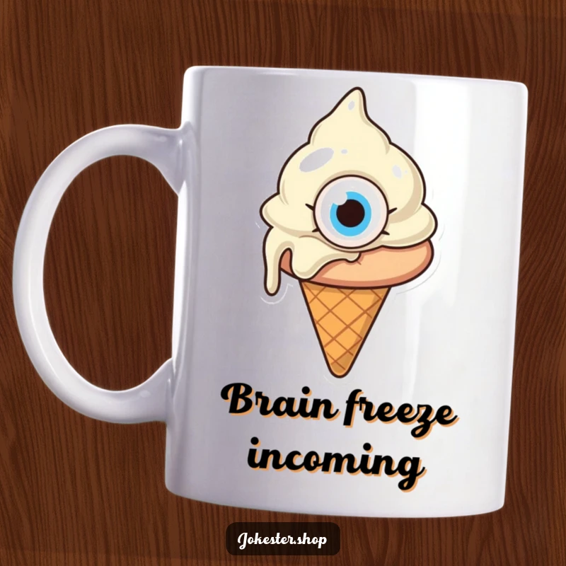 Funny melting ice cream cone with one giant eye, looking confused, cartoon dessert expressing bewilderment, ideal for a funny gift.