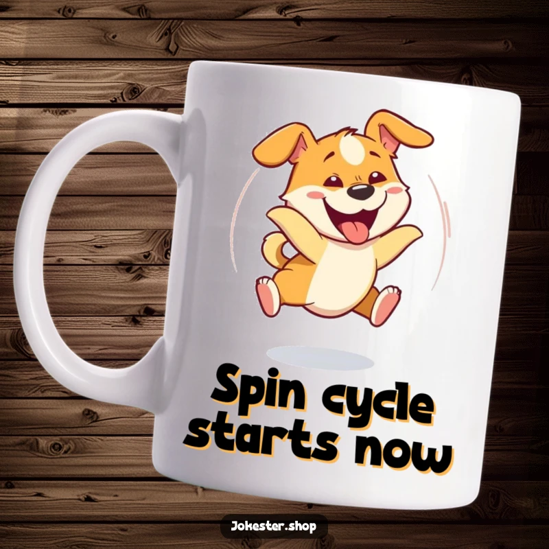 Funny dog character spinning in circles, chasing its tail with a goofy grin, perfect for a coffee mug.