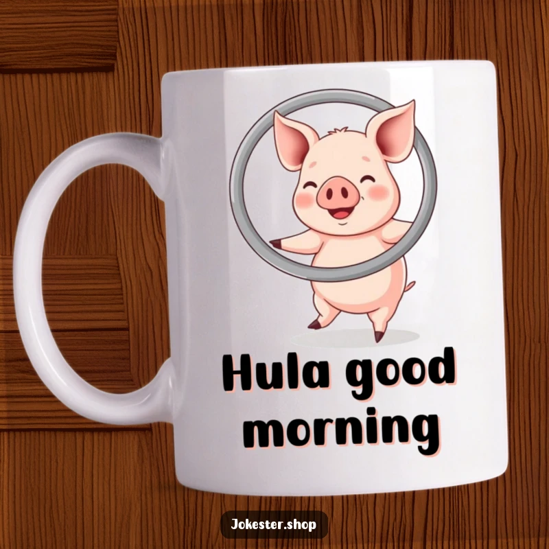 Funny mug shows a very happy, plump pig energetically hula hooping with a large ring, looking joyful.