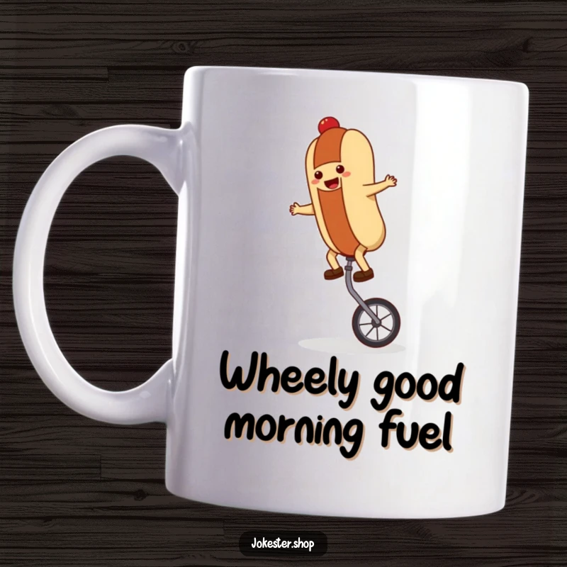 Funny hot dog character with a big smile, precariously balancing on a unicycle, a whimsical and amusing gift.