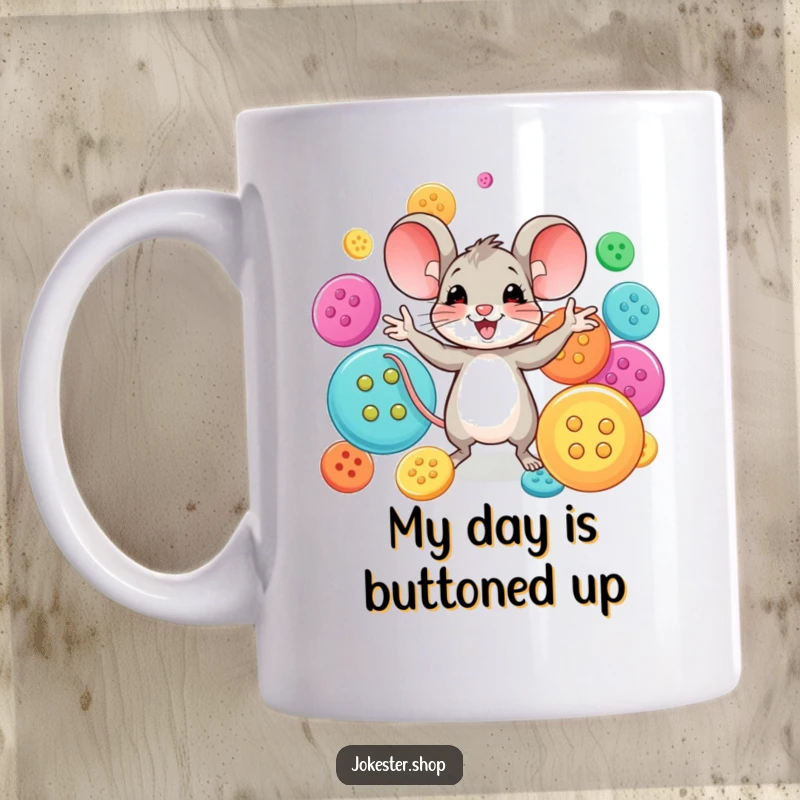 Funny happy mouse character skillfully juggling large, colorful buttons with glee. A delightful and funny mug for enthusiasts.