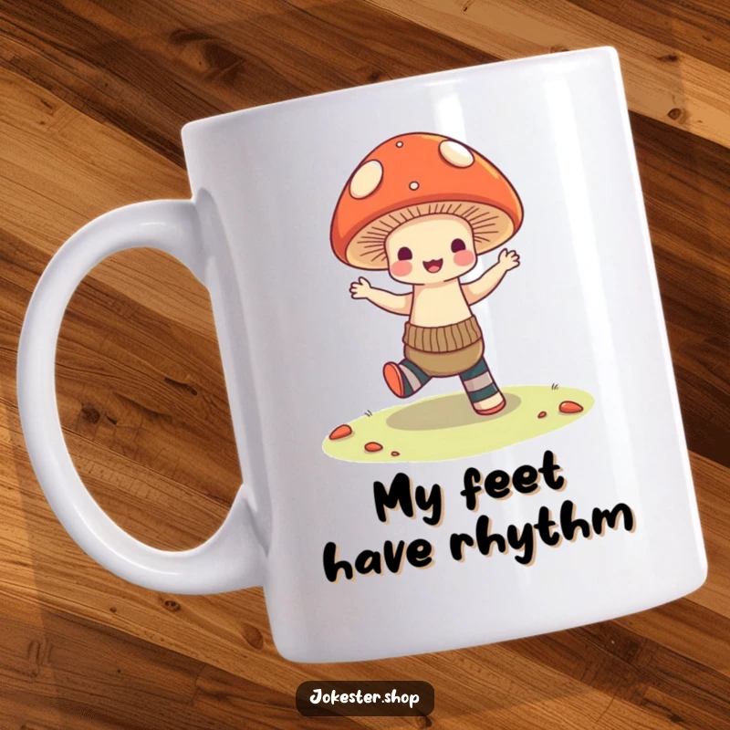 Funny Mug featuring a mushroom with mismatched socks attempting a joyful, clumsy dance, radiating pure, uninhibited happiness and a love for movement.