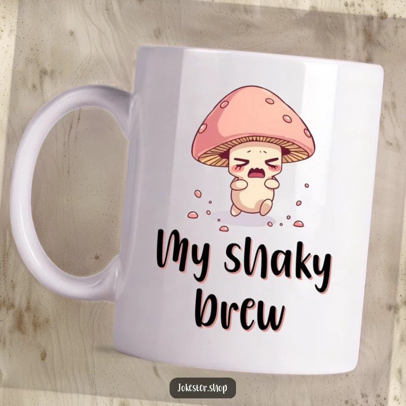 Funny mug showing a nervous mushroom character tripping over its own cap, scattering spores comically.