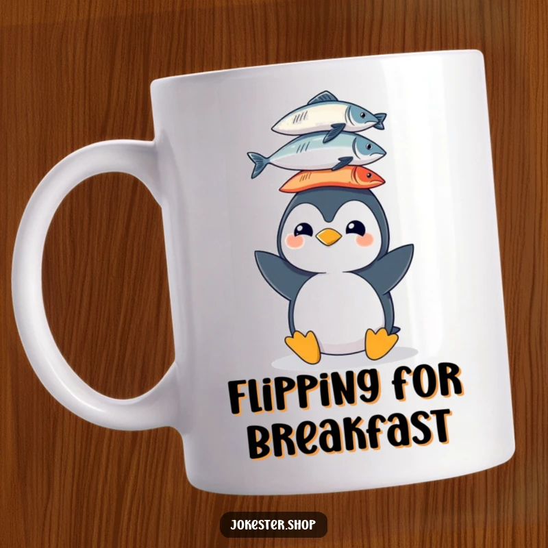 Funny mug showing a cheerful penguin character with a tall stack of fish precariously balanced on its head, looking proud.