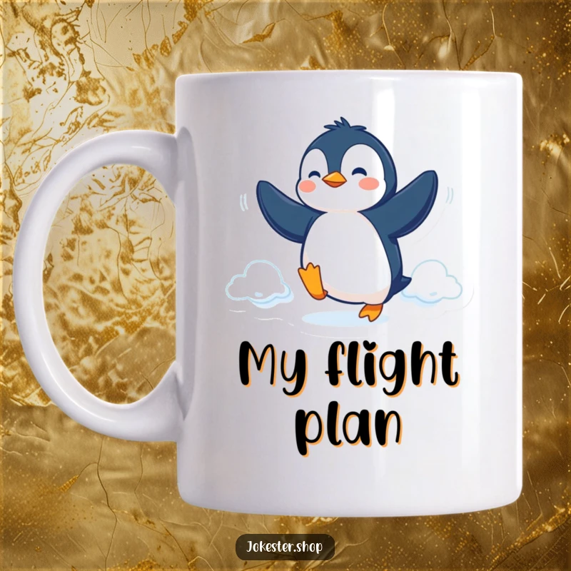 Funny Mug featuring a determined penguin comically attempting to fly using its flippers, showcasing ambition.