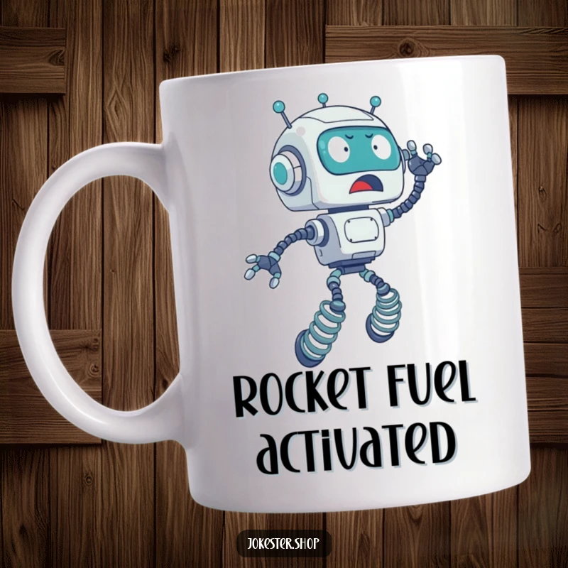 Funny mug illustrating a surprised robot with coiled springs for legs, accidentally propelling itself upwards in a comical, unexpected launch.