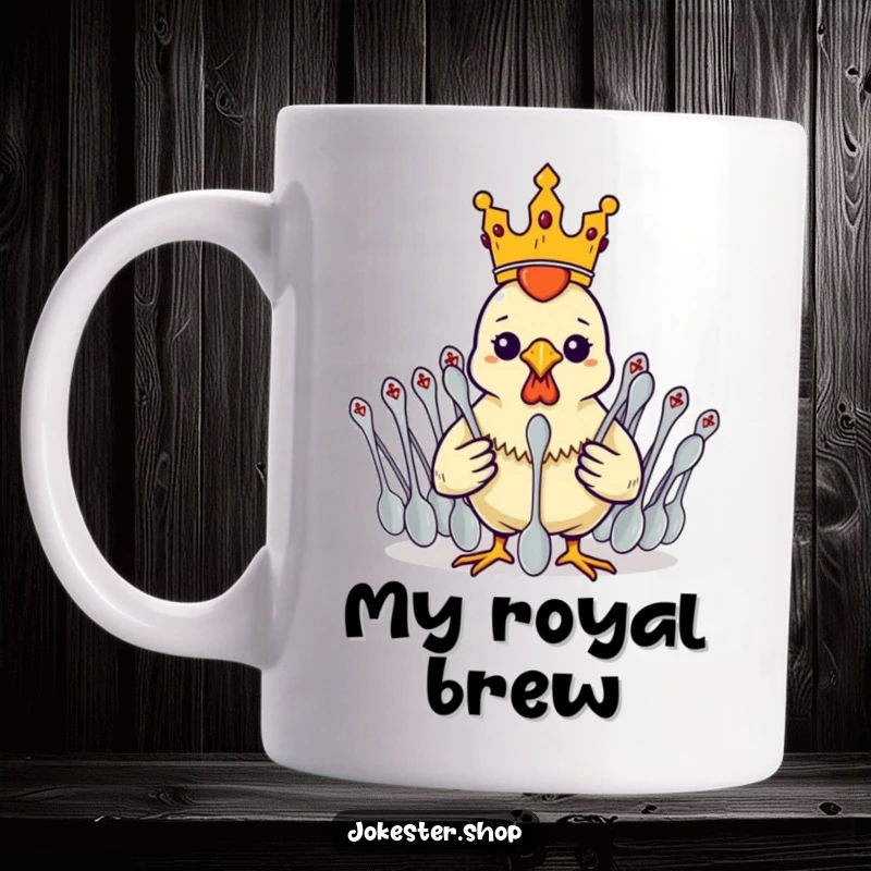Funny rubber chicken wearing a tiny crown, hilariously commanding an army of spoons on a novelty mug.