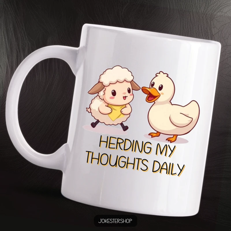 Funny sheep character clumsily trying to herd a single, defiant rubber ducky. A whimsical and funny mug for the patient (or impatient).
