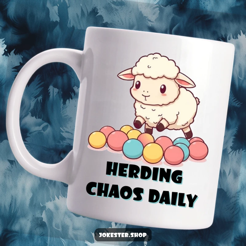 Funny sheep comically attempting to herd tiny, bouncy balls, showcasing playful chaos and a determined, humorous spirit.