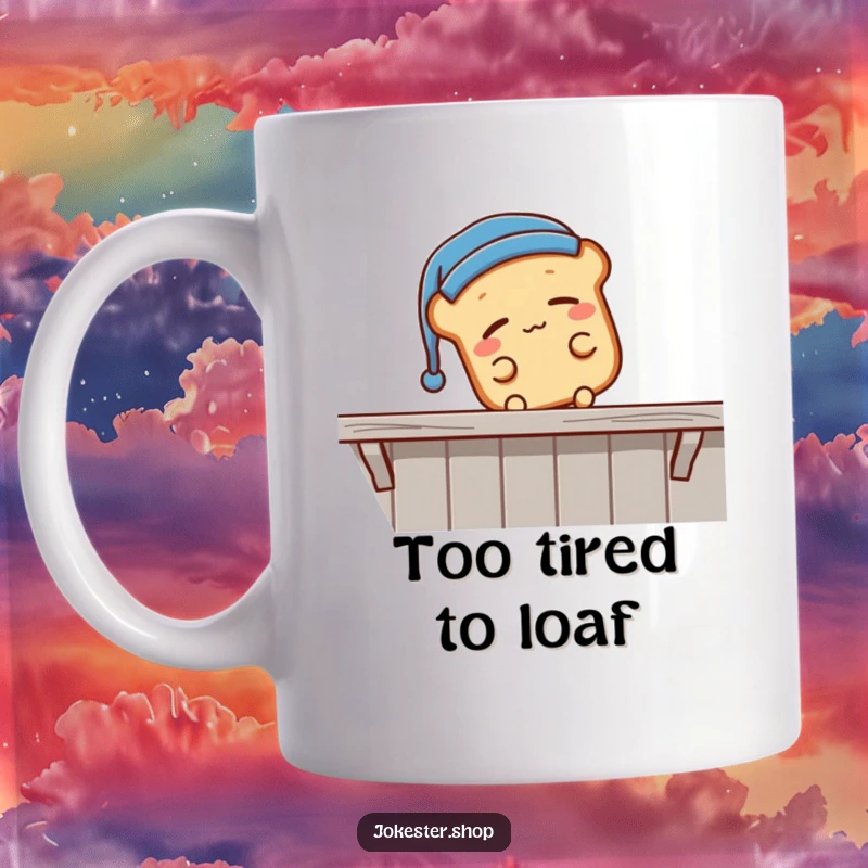 Funny sleepy bread loaf wearing a nightcap, falling off a shelf, cartoon character in a comical slumber mishap, ideal for a funny gift.