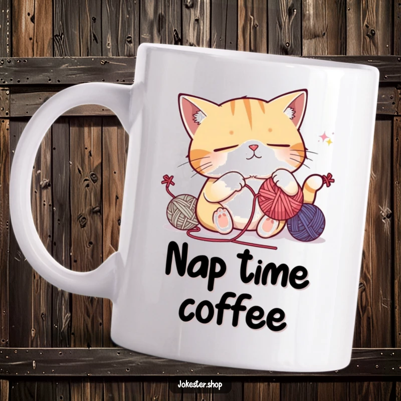 Funny mug featuring a sleepy cat character comically attempting to juggle yarn balls while visibly dozing off, illustrating hilarious exhaustion.