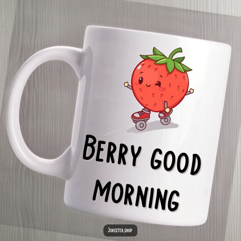 Funny plump strawberry in roller skates, wobbling downhill, on a humorous coffee mug.