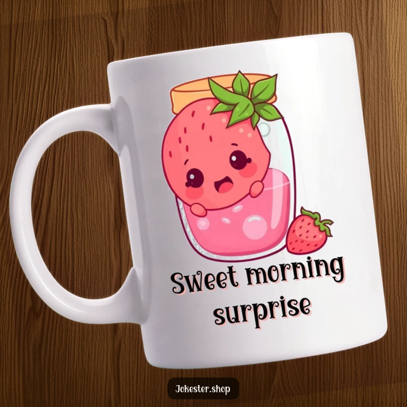 Funny cheerful strawberry stuck in a jam jar, looking surprised, cartoon fruit character in a comical predicament, ideal for a funny gift.