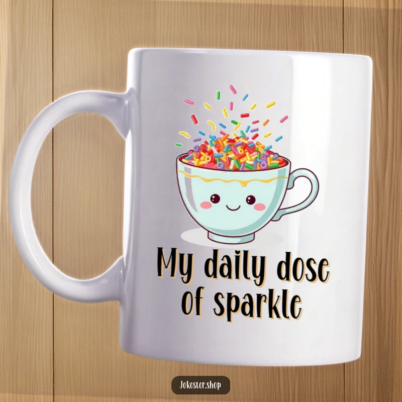 Funny teacup mug overflowing with vibrant, dancing sprinkles, radiating pure joy and cheerfulness, perfect for a happy morning.