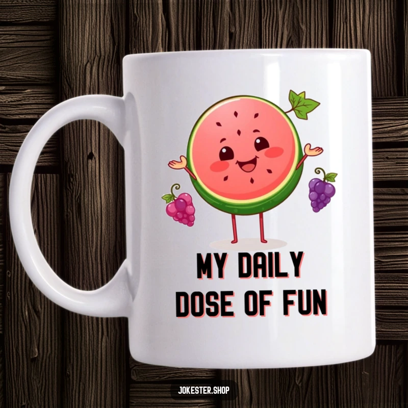 Funny mug showing a cheerful watermelon slice expertly juggling three tiny green grapes, radiating pure happiness and fruity fun.