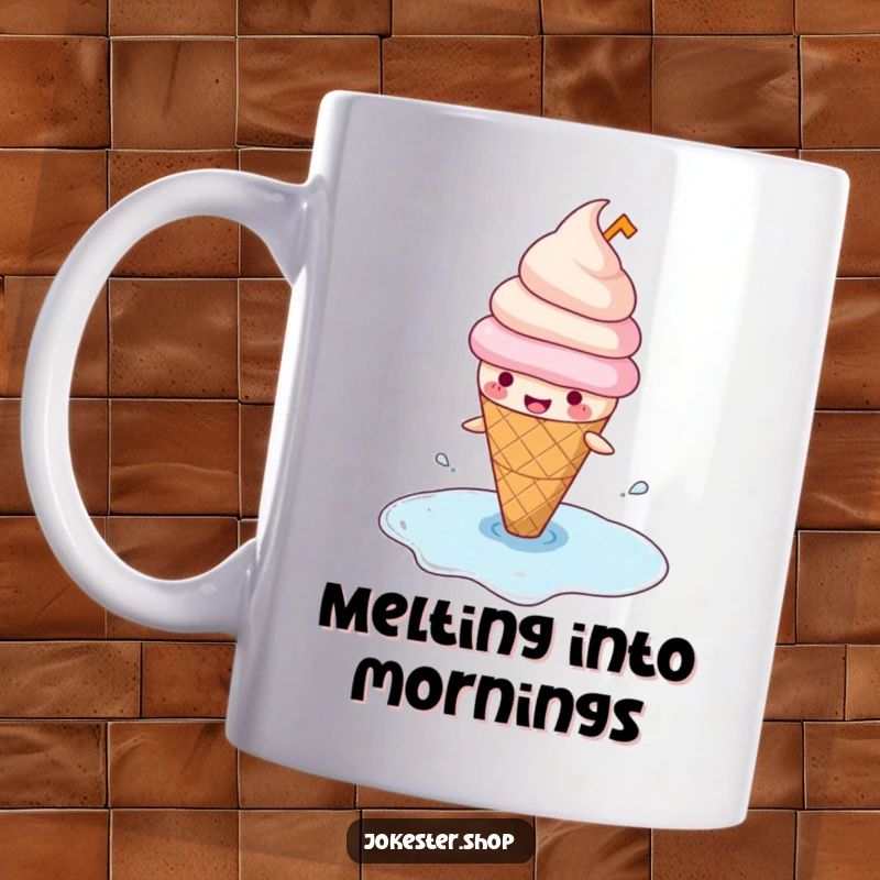 Funny mug showing a happy ice cream cone wearing a small hat, comically slipping on a puddle of its own melted ice cream.