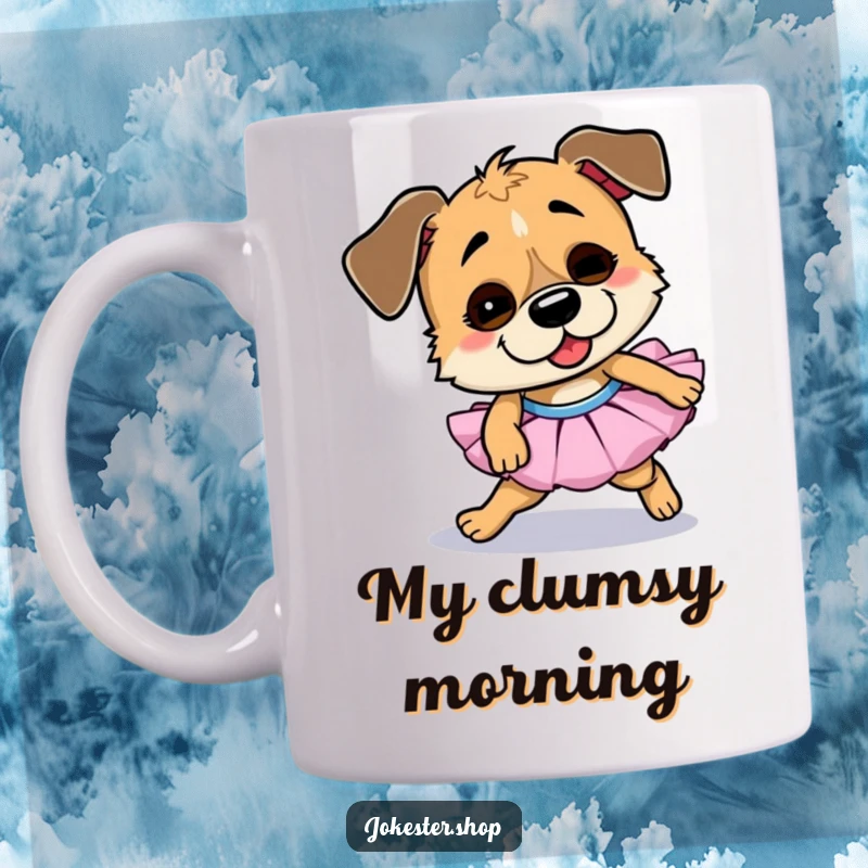 Funny dog character mug, wearing a pink tutu, comically tripping over its own paws, looking utterly bewildered and endearing.